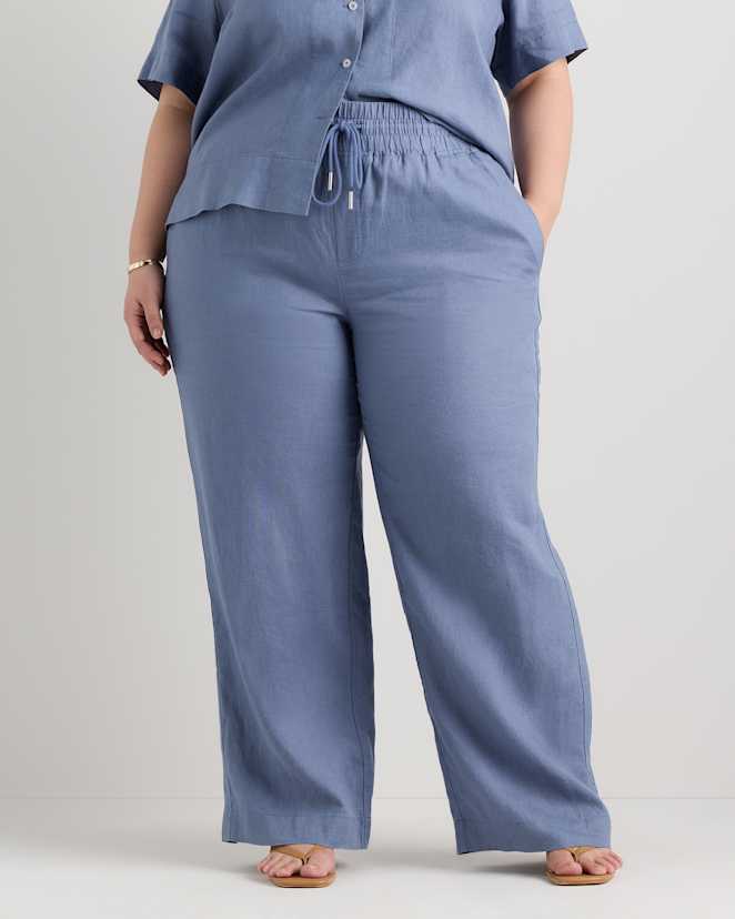 Moonstone Blue 100% European Linen Wide Leg Pants