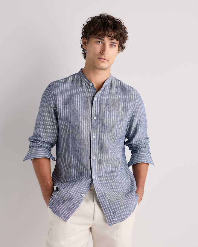 Chambray Stripe 100% European Linen Relaxed Band Collar Shirt
