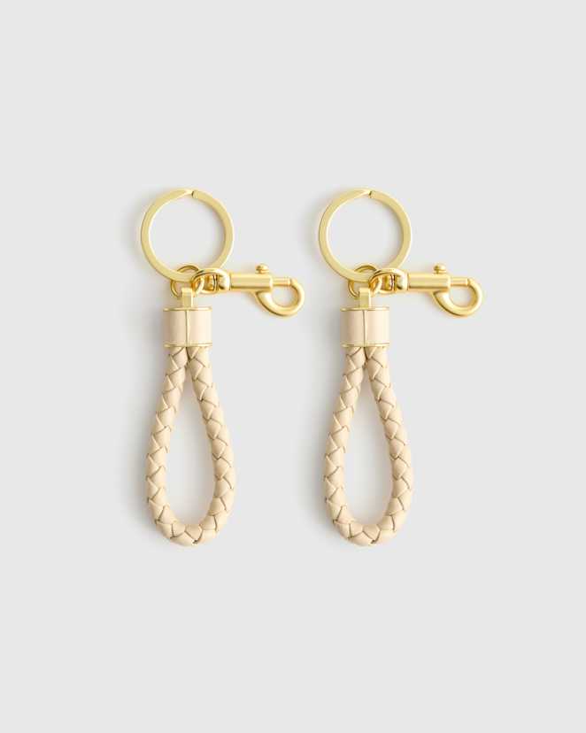 Cream/Gold Italian Leather Braided Key Ring (2-Pack)