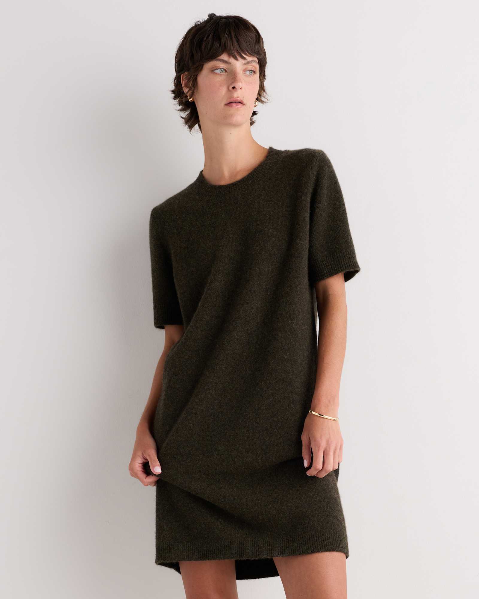 Olive Twist Mongolian Cashmere Short Sleeve Mini Dress