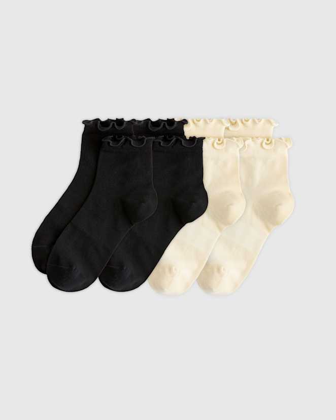 Black/Cream Everyday Lightweight Cotton Ruffle Quarter Crew Sock (4-pack)