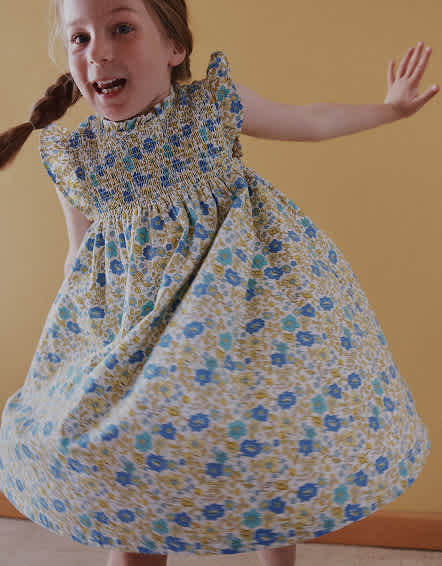 Blue Ditsy Floral 100% Organic Cotton Poplin Smocked Flutter Sleeve Dress
