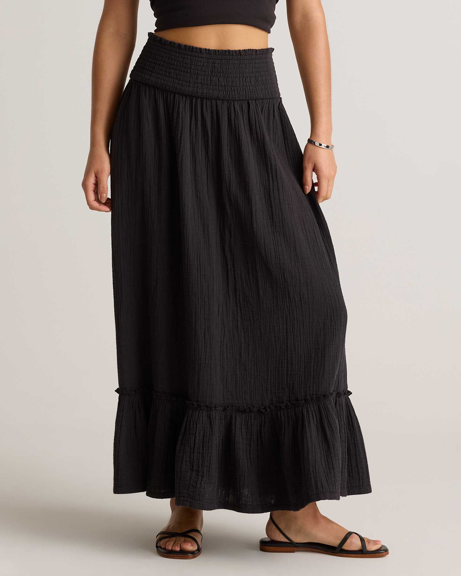 black 100% Organic Cotton Gauze Smocked Maxi Skirt