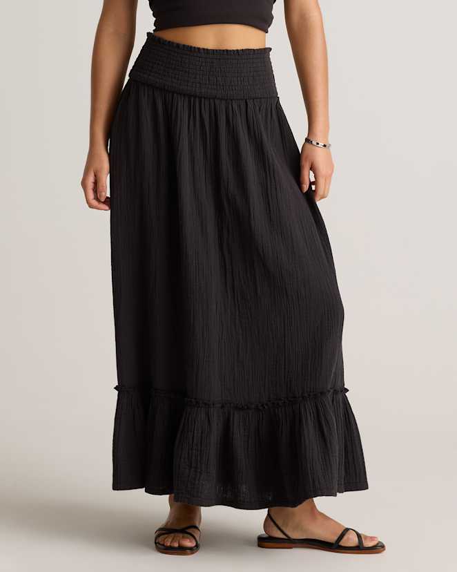 Black 100% Organic Cotton Gauze Smocked Maxi Skirt