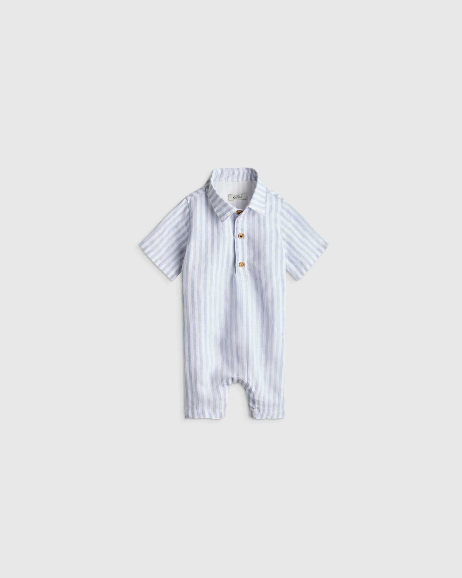 Sky Blue Mariner Stripe 100% Linen Button Front Romper