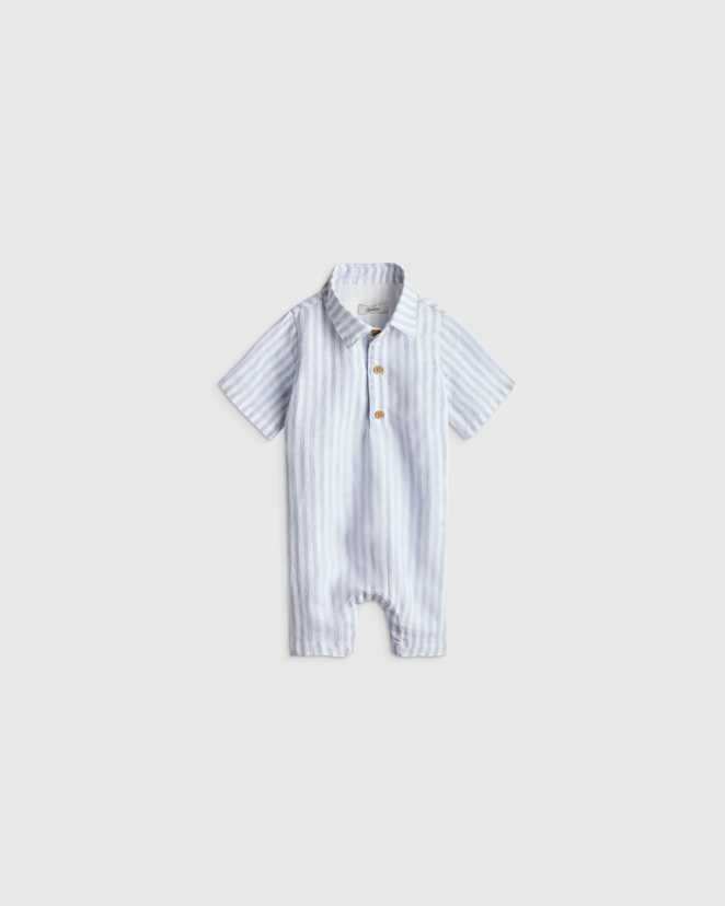 Sky Blue Mariner Stripe 100% Linen Button Front Romper