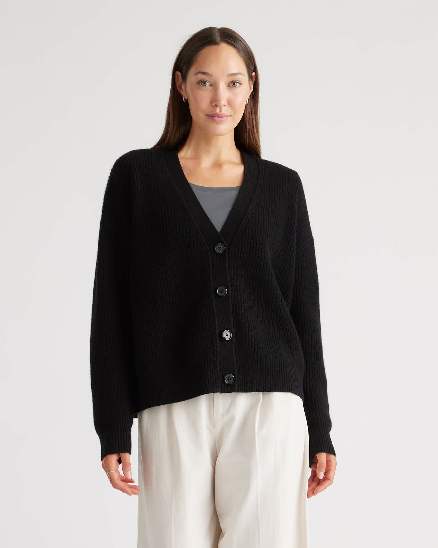 Black Mongolian Spring Cashmere Fisherman Boxy Cropped Cardigan Sweater