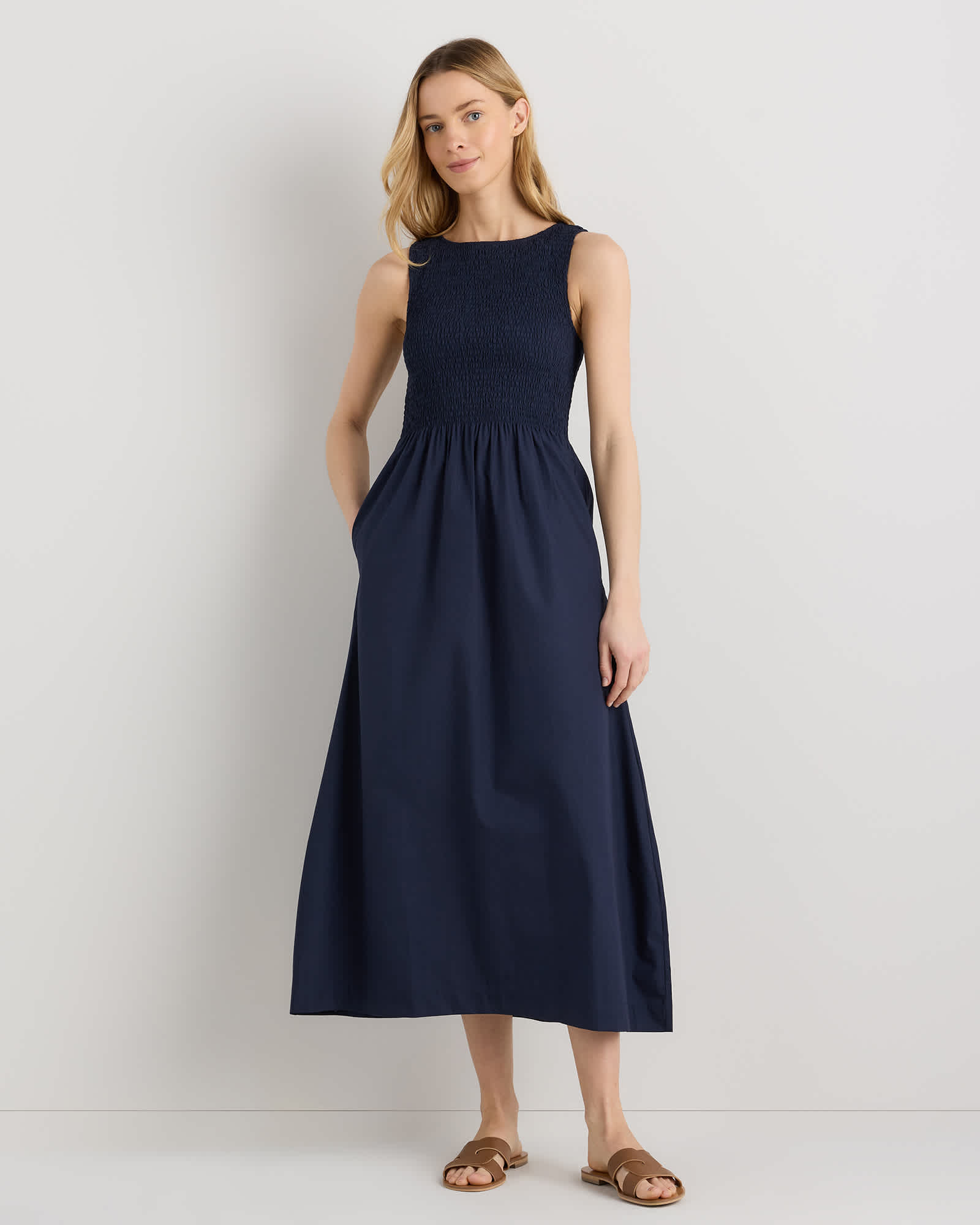 Navy 100% Organic Cotton Poplin Boat Neck Maxi Dress