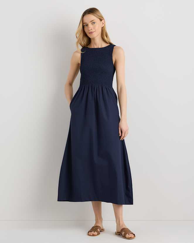 Navy 100% Organic Cotton Poplin Boat Neck Maxi Dress