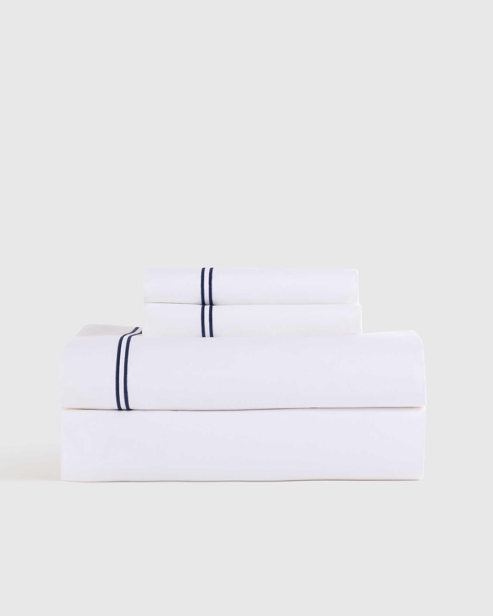White/Navy Organic Crisp Percale Embellished Sheet Set