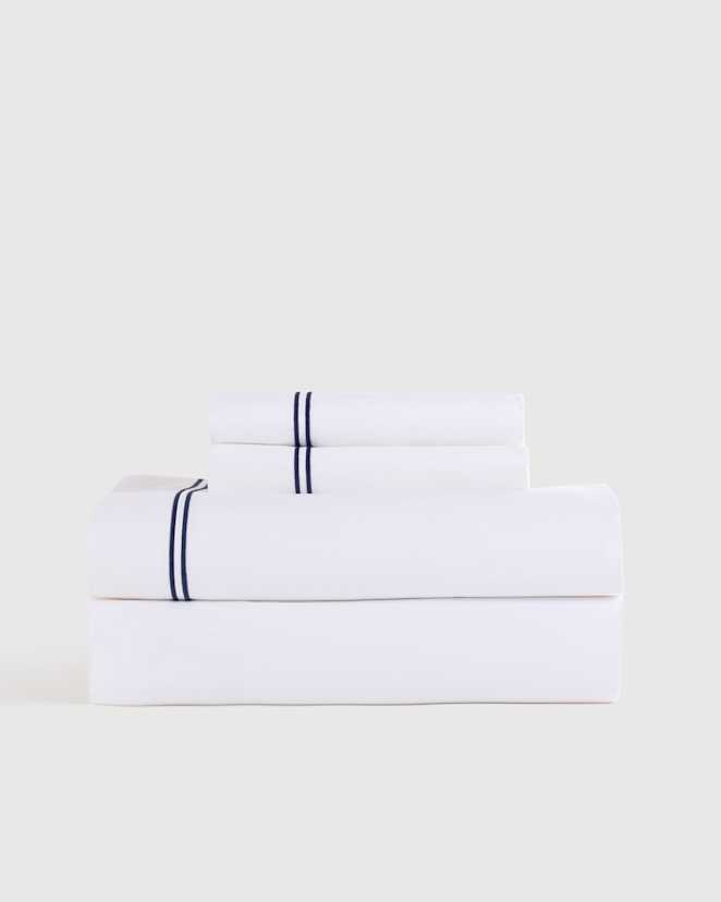 White/Navy Organic Crisp Percale Embellished Sheet Set
