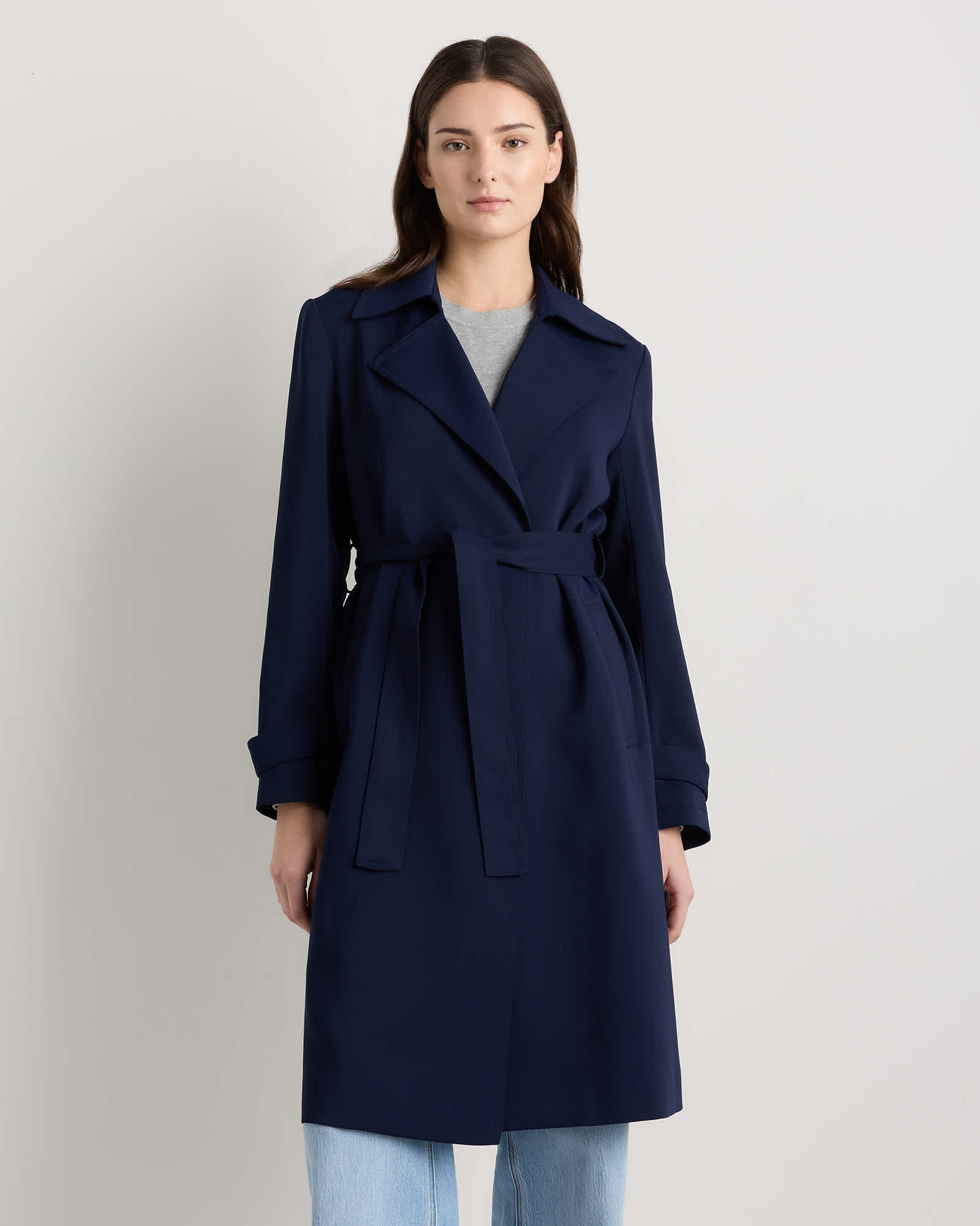 navy Stretch Crepe Trench Coat