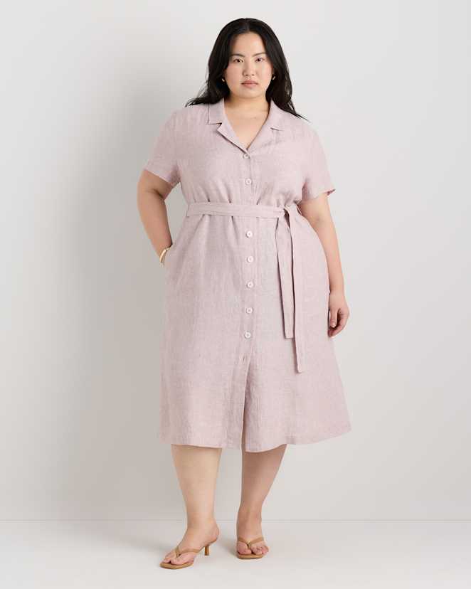 Vintage Pink Chambray 100% European Linen Button Front Dress