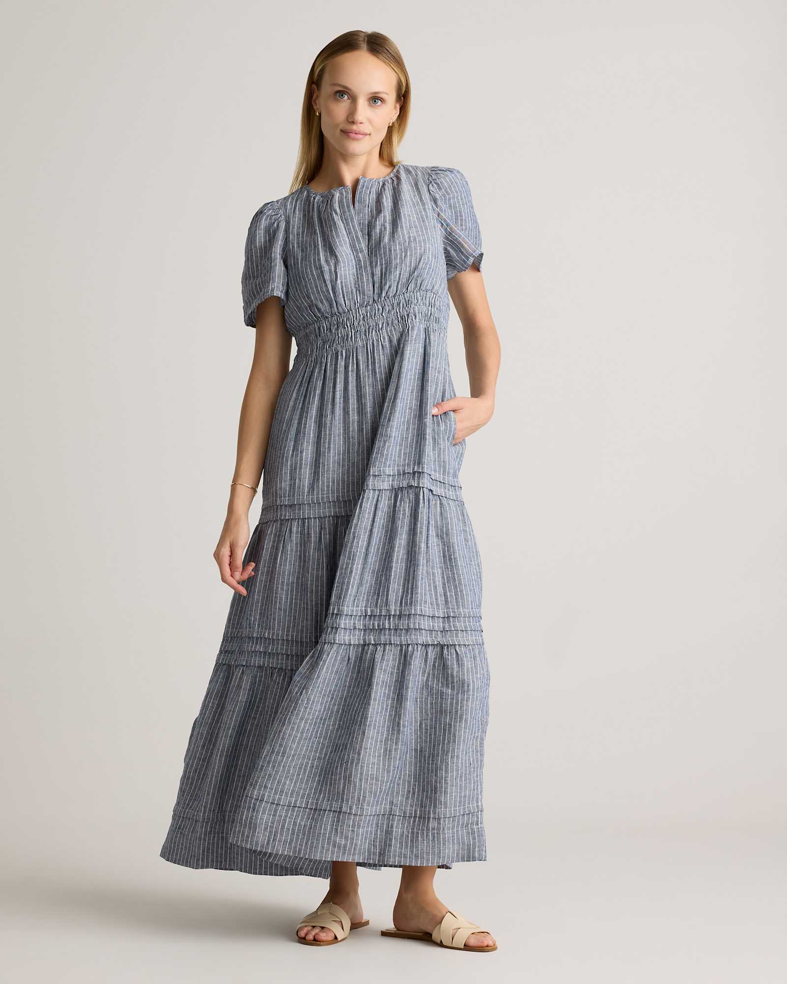 chambray-stripe 100% European Linen Tiered Maxi Dress