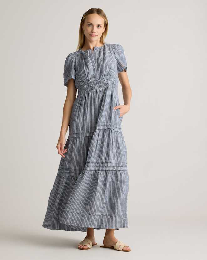 Chambray Stripe 100% European Linen Tiered Maxi Dress