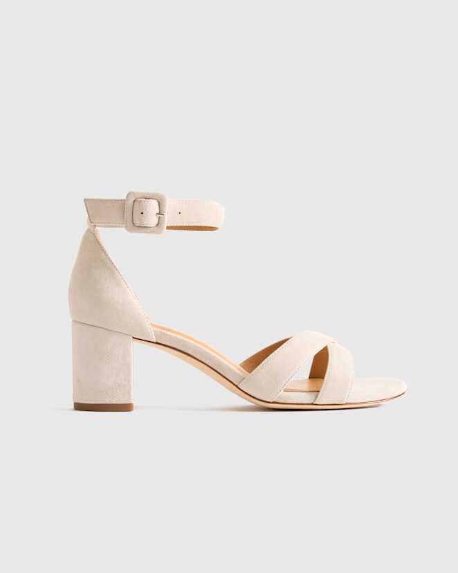 Almond Suede Italian Leather Crisscross Block Heel Sandal