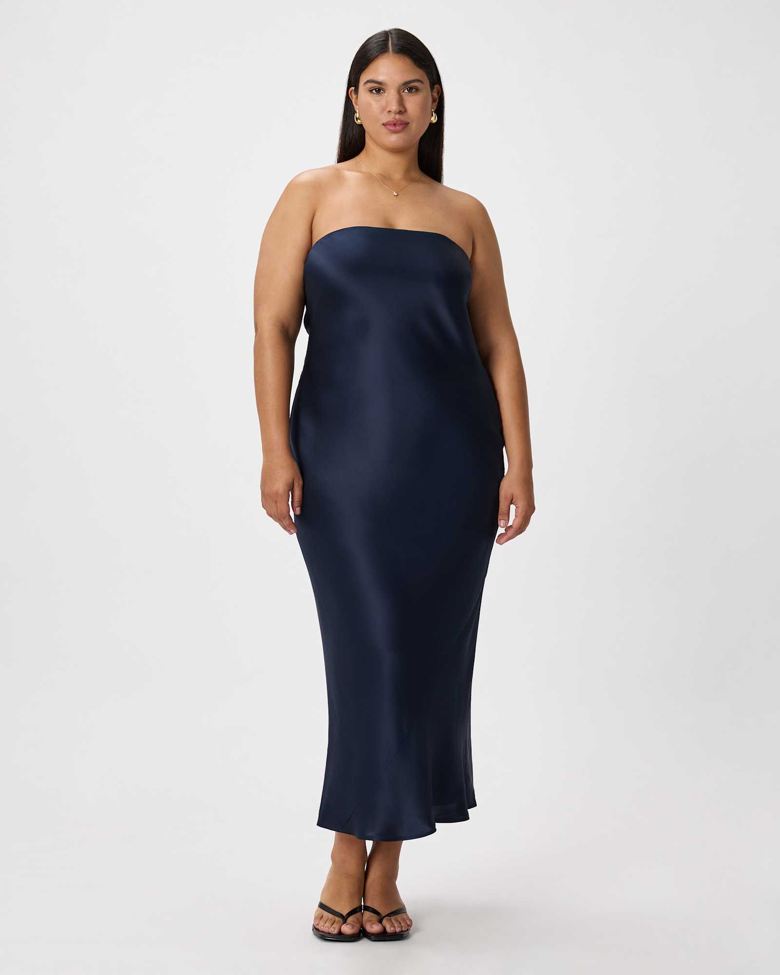 Navy 100% Washable Silk Strapless Midi Dress