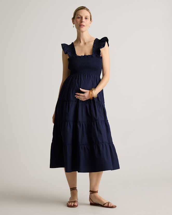 Navy 100% Organic Cotton Poplin Maternity Smocked Midi Dress