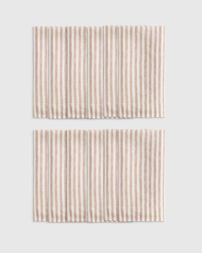 Latte/White Stripe European Linen Wide-Hem Stripe Napkins (Set of 12)