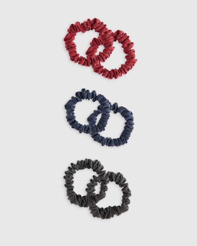Charcoal/Indigo/Crimson 100% Washable Silk Skinny Scrunchies