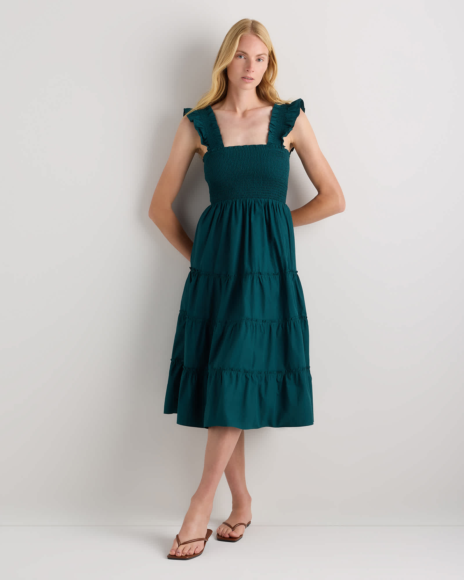 Ocean Green 100% Organic Cotton Poplin Smocked Midi Dress