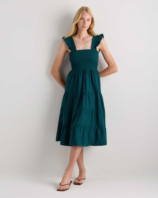 Ocean Green 100% Organic Cotton Poplin Smocked Midi Dress