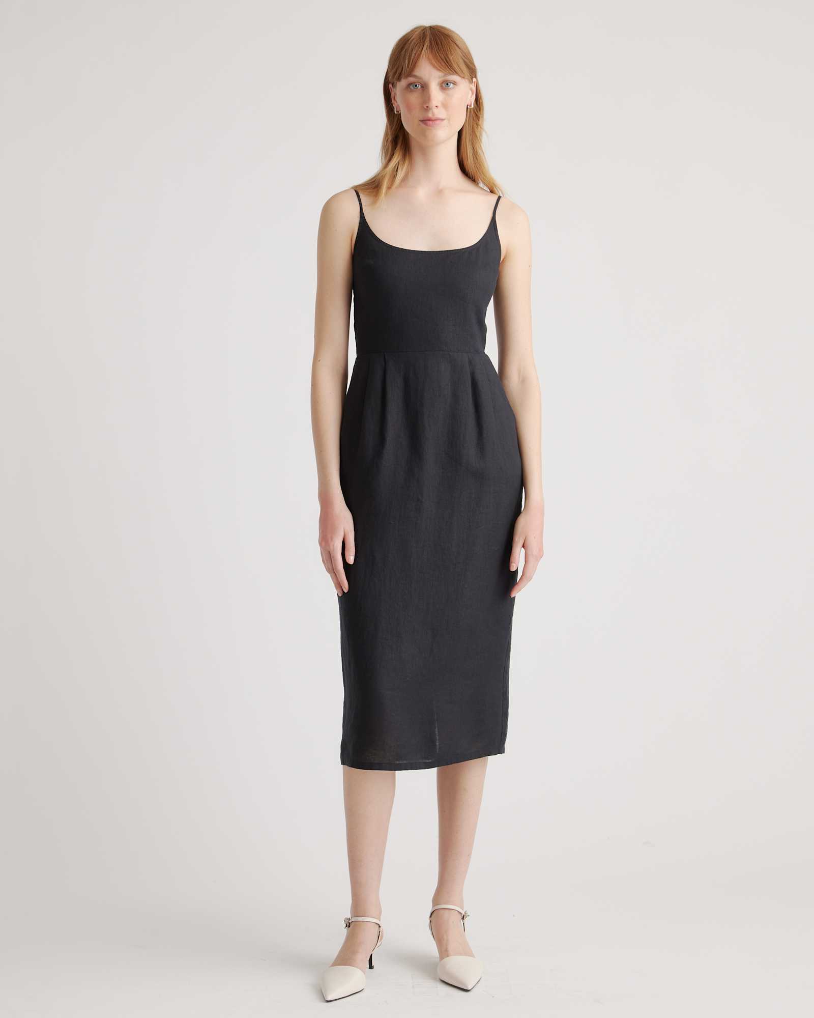 black 100% European Linen Scoop Neck Midi Dress