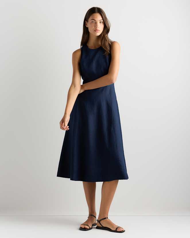 Deep Navy 100% European Linen High Neck Midi Dress