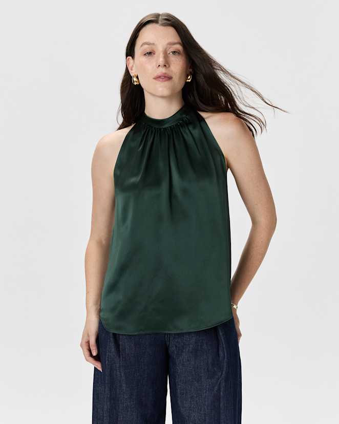 Forest Green 100% Washable Silk Halter Top