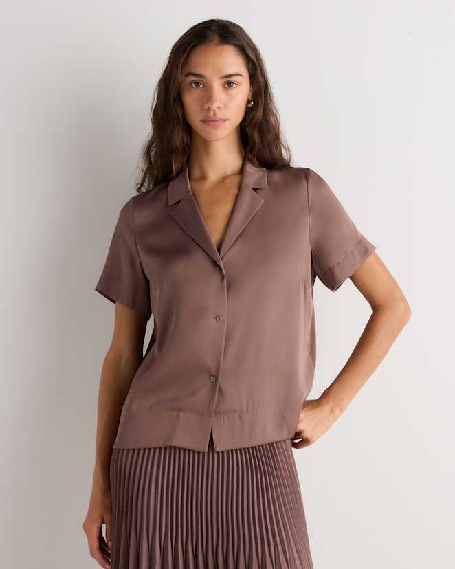 Mink Taupe Washable Stretch Silk Short Sleeve Notch Collar Blouse