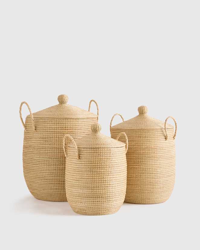 Natural Handwoven Seagrass Lidded Storage Baskets (Set of 3)