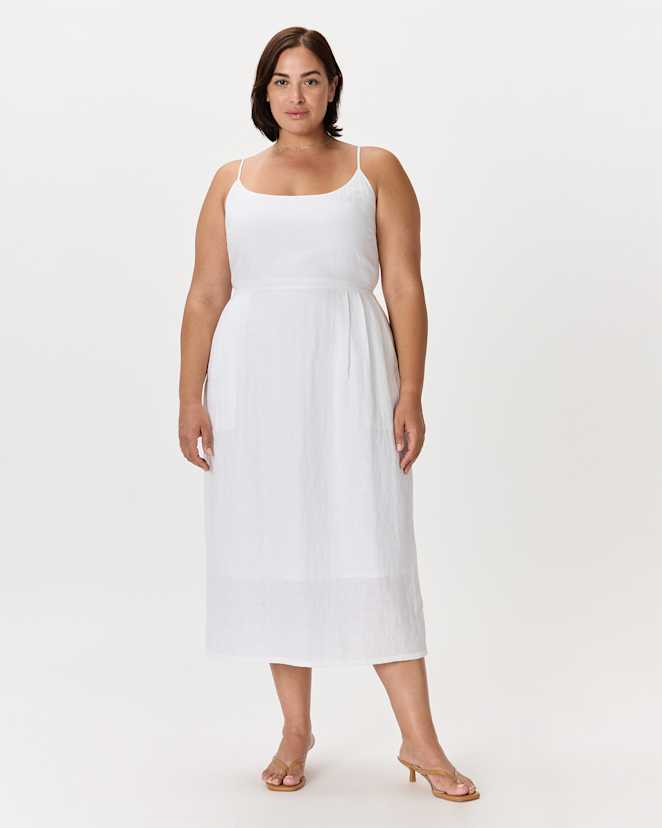 White 100% European Linen Scoop Neck Midi Dress