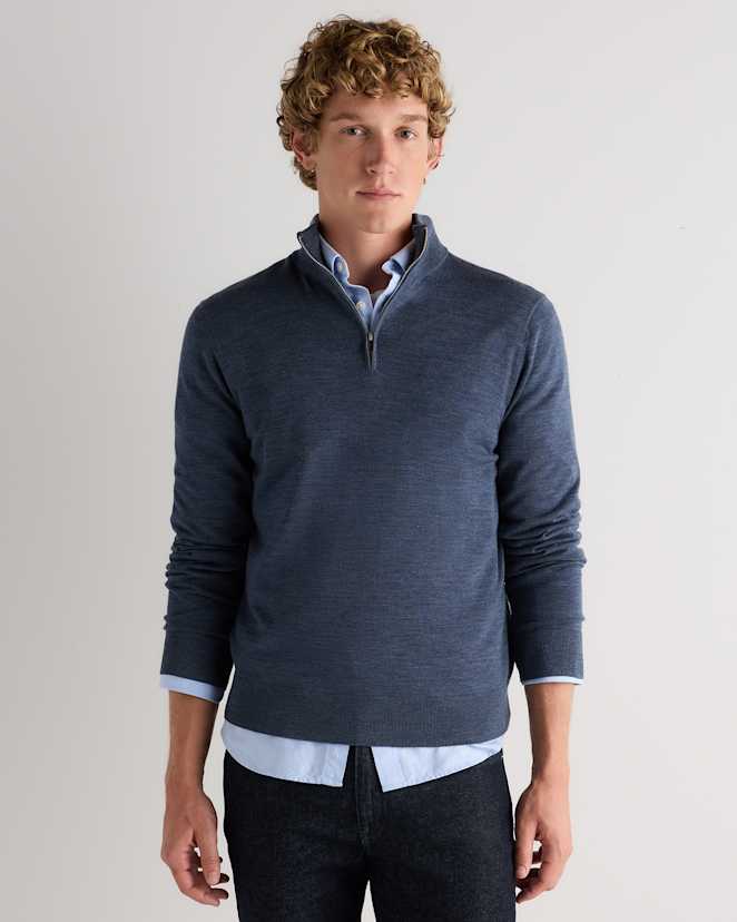 Heather Navy Worsted Merino Wool Quarter Zip Sweater