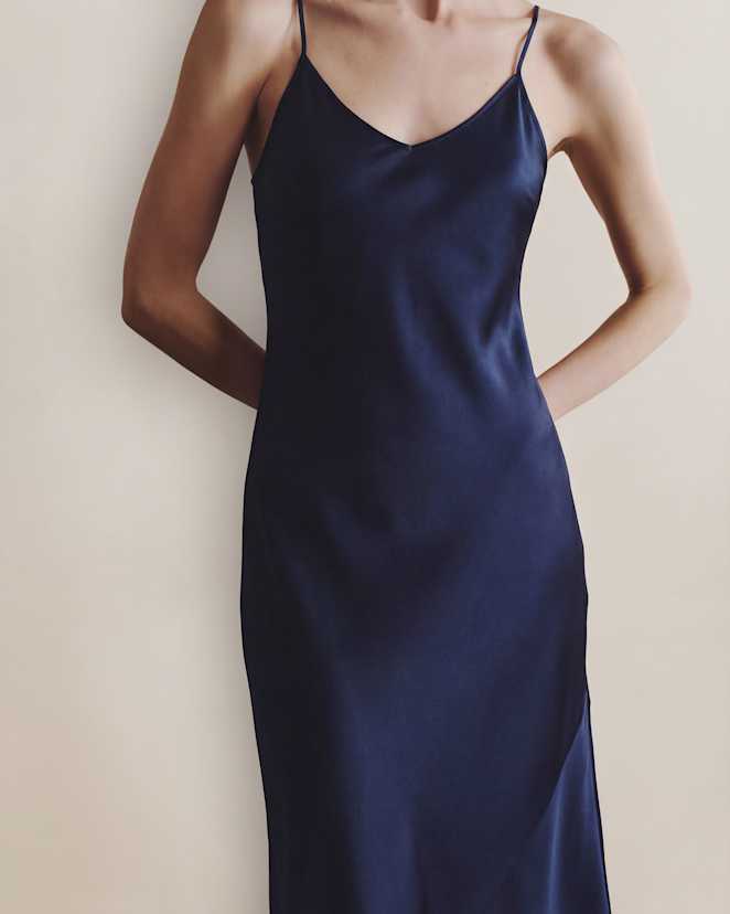 Navy 100% Washable Silk Maxi Slip Dress