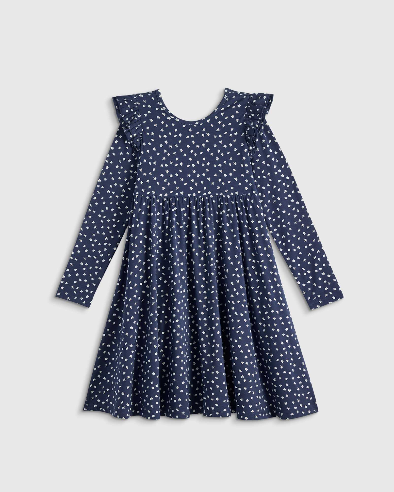 U--620-NVYBLSM-11334 CROPPED navy-blossoms Bamboo Long Sleeve Flutter Twirl Dress