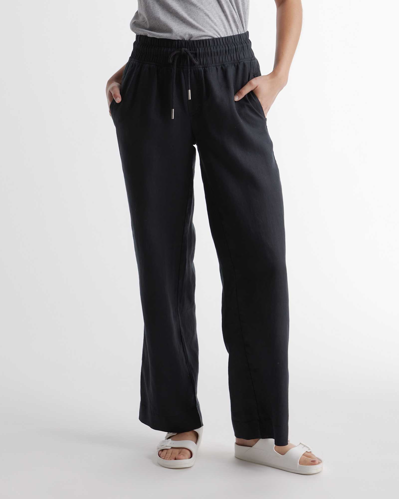 black 100% European Linen Wide Leg Pants