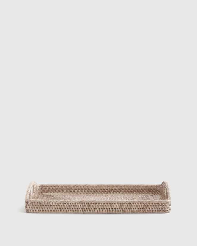 White Wash Handwoven Rattan Rectangular Tray with High Handles