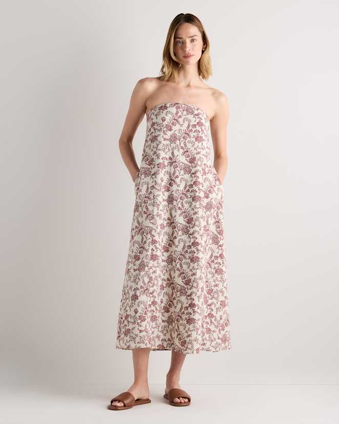 Brick Red Heirloom Floral 100% European Linen Strapless Maxi Dress