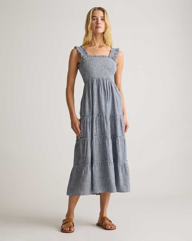 Chambray Stripe 100% European Linen Smocked Midi Dress