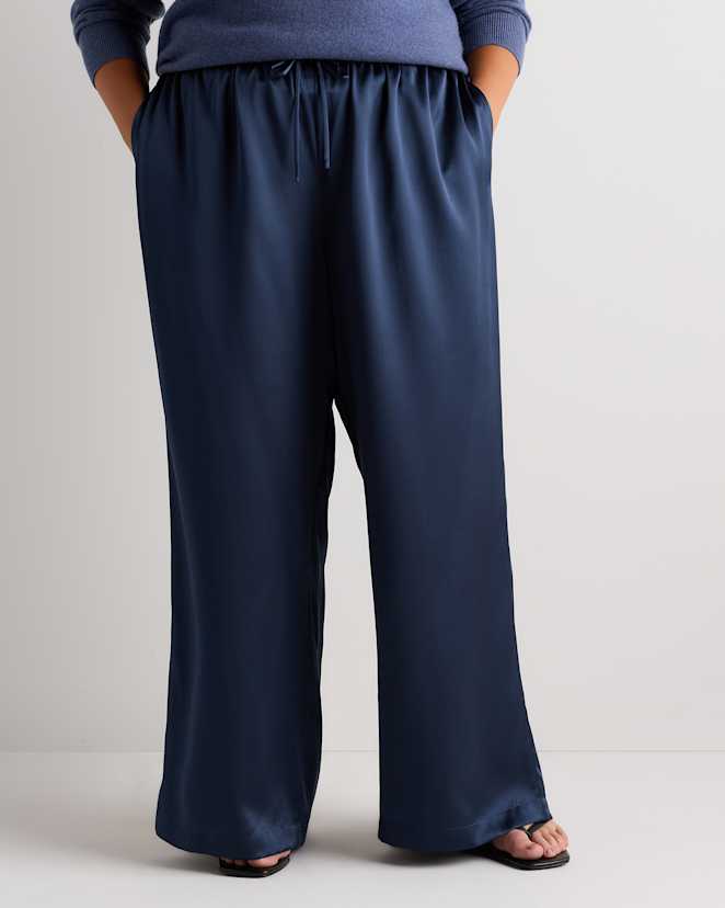 Navy 100% Washable Silk Drawstring Wide Leg Pants