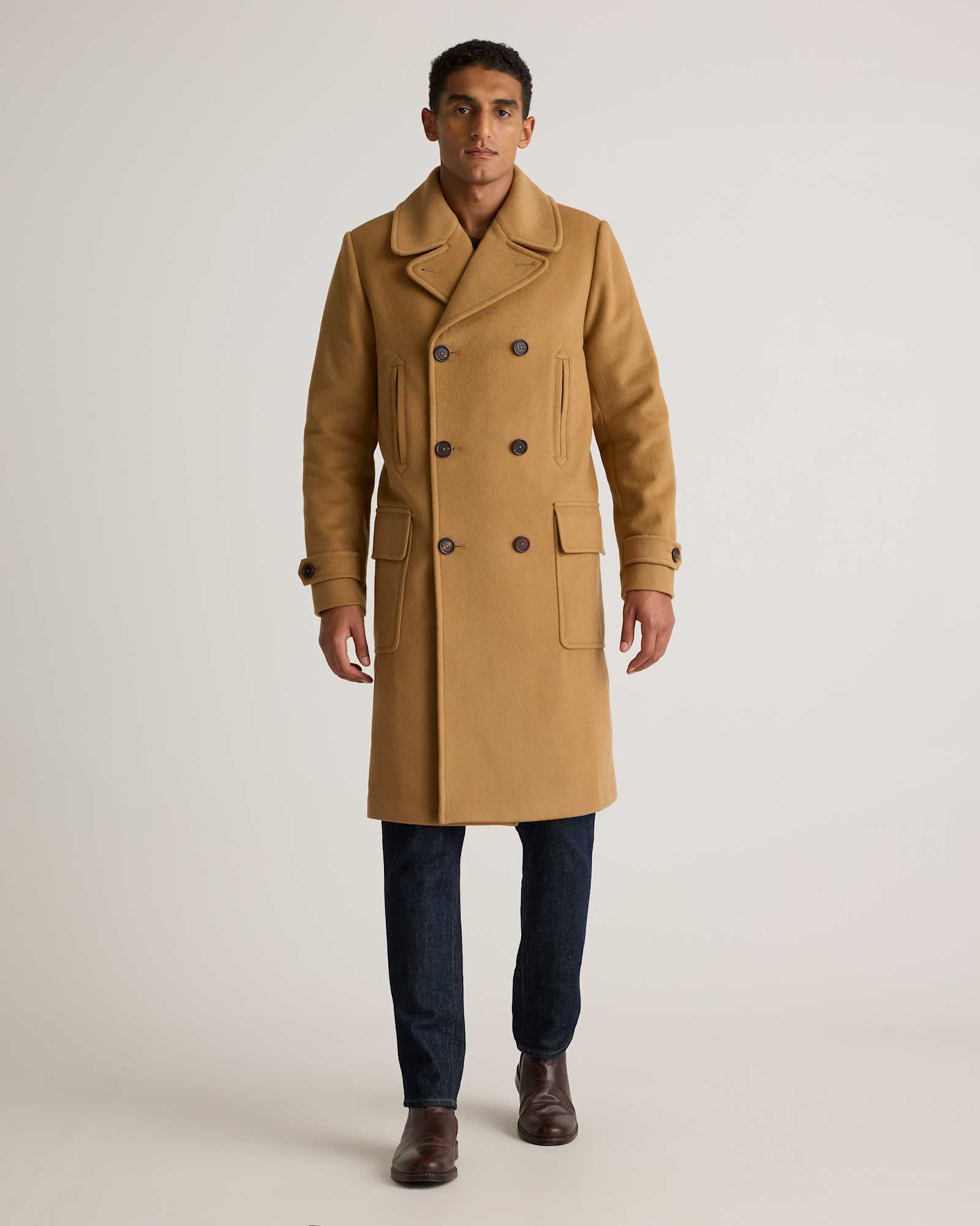 caramel Italian Wool Double-Breasted Officer Topcoat