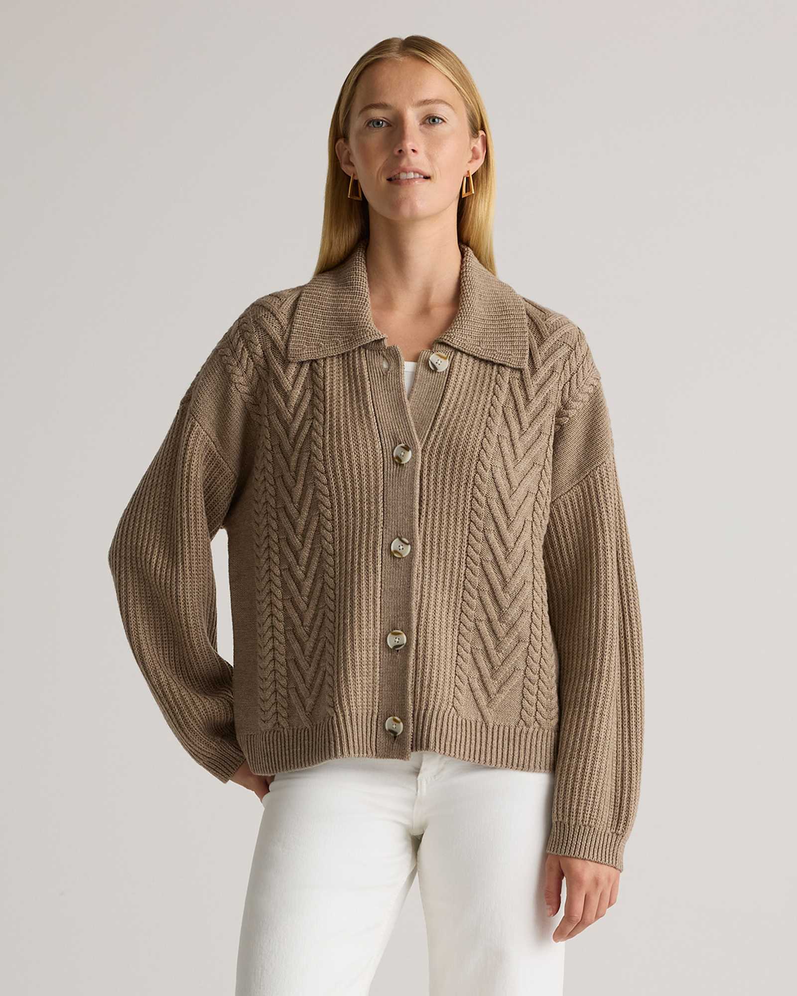 Malted Toffee Australian Merino Wool Collared Cable Cardigan