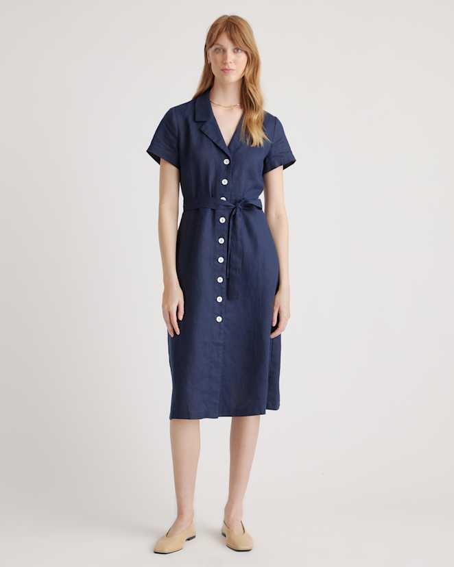 Deep Navy 100% European Linen Button Front Dress