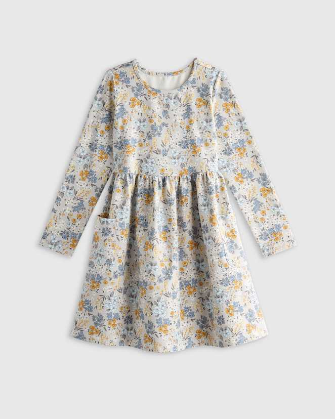 Grey Ditsy Floral Organic Cotton Long Sleeve Fit and Flare Pocket Dress
