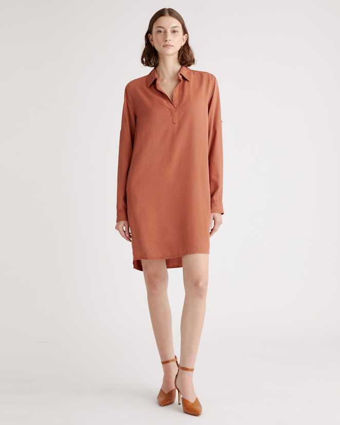 Terracotta Vintage Wash Tencel Roll Sleeve Tunic Dress