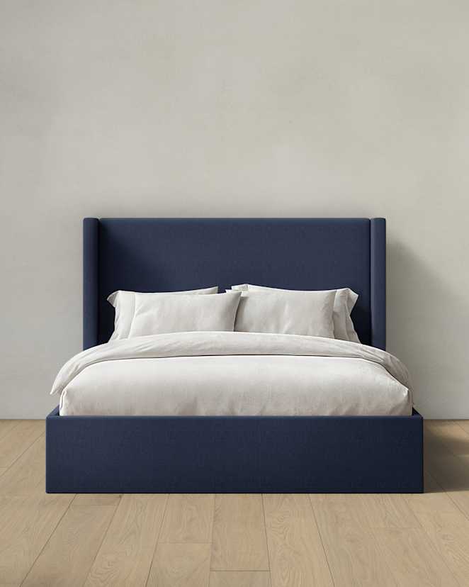 Navy 100% Linen Wingback Bed