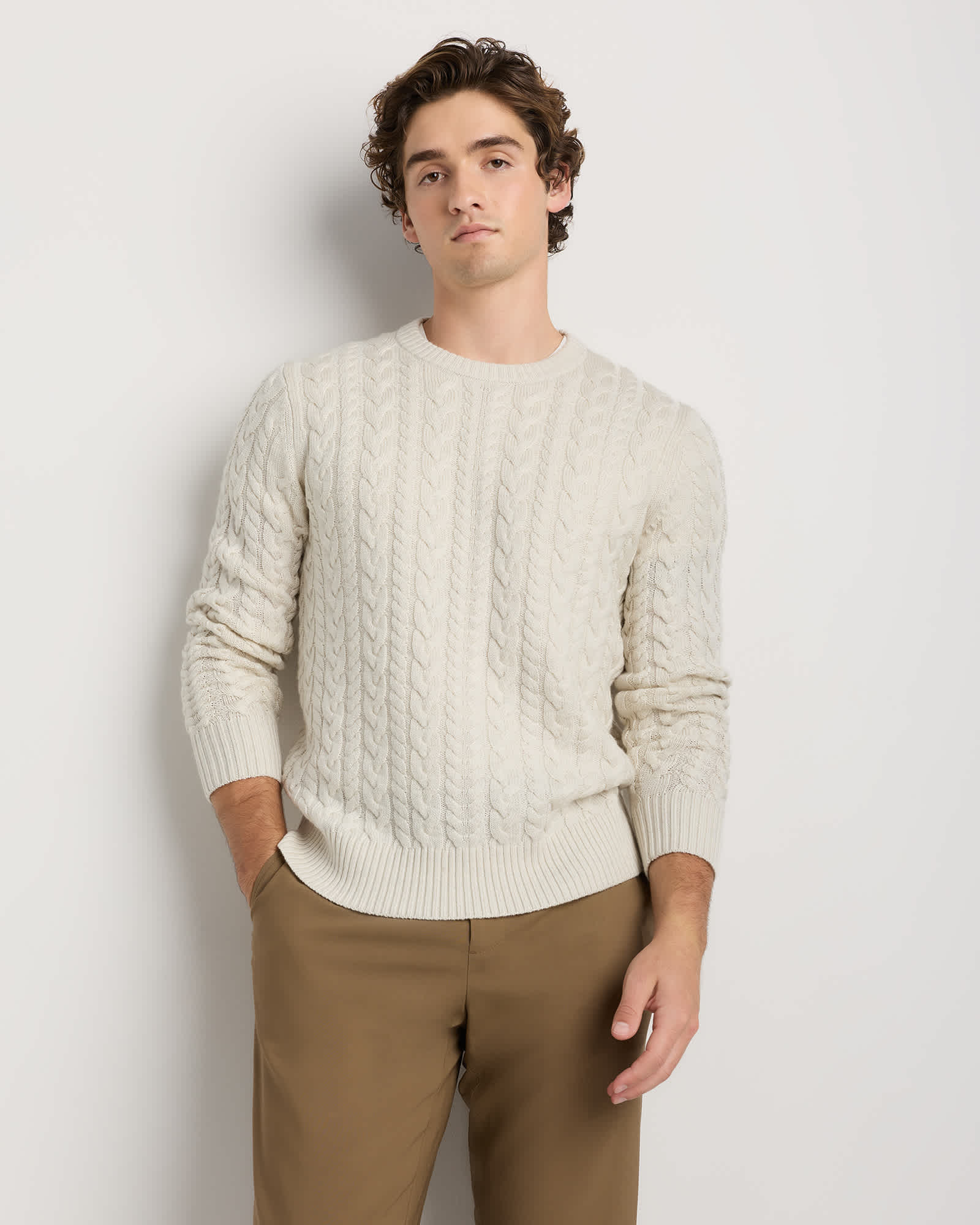 Heather Bone Australian Merino Wool Cable Crewneck Sweater