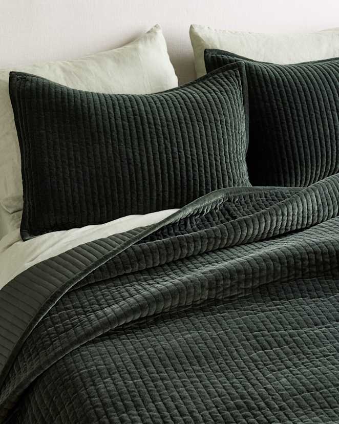 Forest Green Cotton Velvet Channel Quilted Sham Set