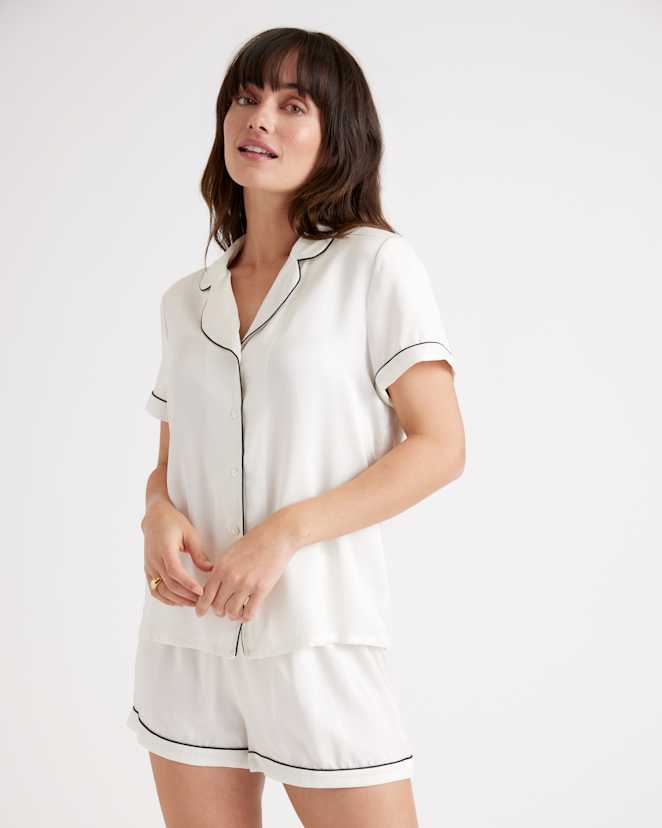 Ivory 100% Washable Silk Pajama Top with Piping