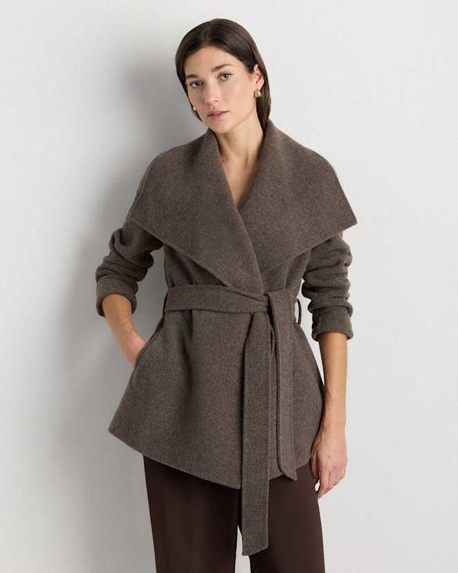 Cocoa Melange Double-Faced Merino Wool Draped Collar Short Wrap Coat
